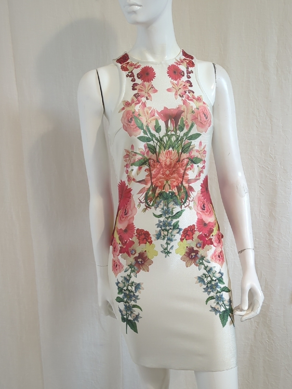 Bodycon Floral Dress Off White And Pink, Red Small